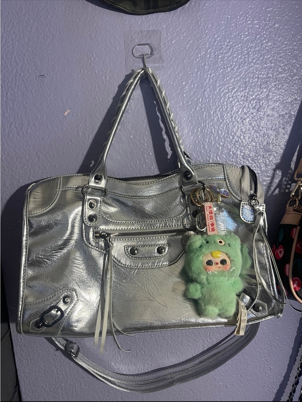 Silver Metallic Tote Bag with Plush Charm
